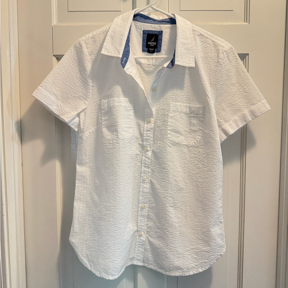 Nautica Textured White Shirt with Blue Collar